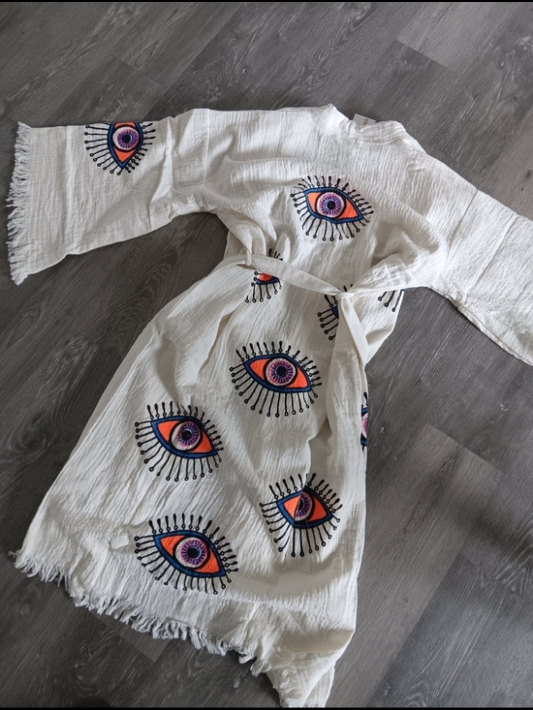 Lil Bees Bohemian Vibrant Handpainted & Embroidered Fringe Frayed Kimono Robe Os — image 7 of 8